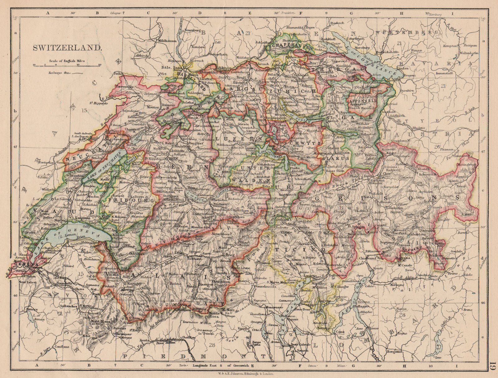 SWITZERLAND. Shows cantons & railways. Alps. Italian lakes. JOHNSTON 1897 map